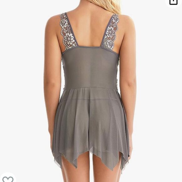 Adorejoy Gray Front Closure Babydoll Lace Chemise V Neck Mesh Sz Medium NWT - Picture 2 of 7